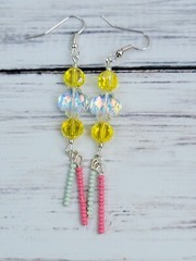 Yellow, Pink, and Blue Glass Dangle Earrings Silver Tone Handmade