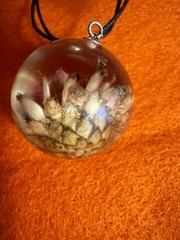 Pressed Flower Resin Orb Pendant Necklace Black Cord 1″ Sphere 9″ Drop