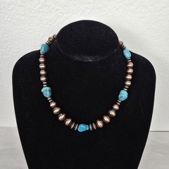 Southwestern Copper Pearl and Saucer Necklace w/ Genuine Turquoise – 16″