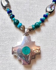 LOVELY Artisan Sterling Silver Malachite, Turquoise, Abalone Reversible Necklace