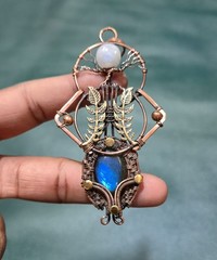 Flashy Labradorite & Moonstone Pendant Wire Wrapped Handmade Jewelry