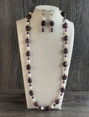 Artisan Burgundy Lepidolite and Faux Pearl Statement Necklace 28” Earring Set