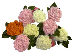 VTG Crochet Flower Pins Lot of 9 w/Faux Velvet Leaves Grannycore Cottagecore