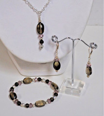 Handmade Jewelry Set: Smoky Quartz Pendant Necklace, Stetch Bracelet & Earrings