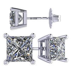 Platinum Plated Silver Stud Earrings With 4.00 CTW Princess Cut Zirconia – 7.0MM
