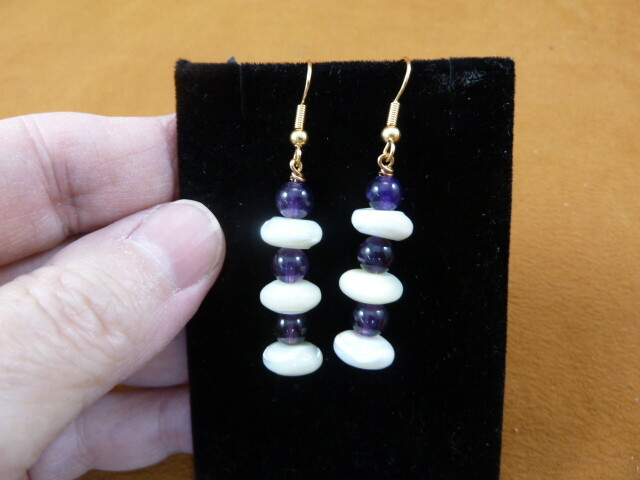 (EE473-102) white Mother of pearl + Purple Amethyst gemstone dangle earrings