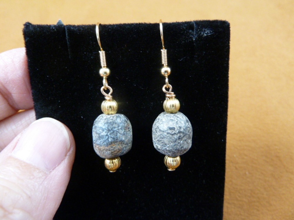 (DP3-617) REAL Late Pleistocene Stegodon gray stone bead gold dangle Earrings