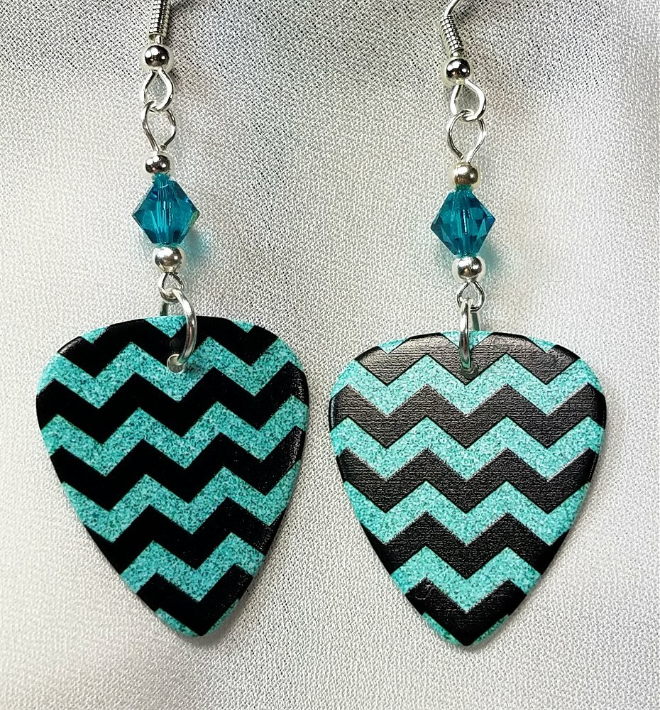 Turquoise and Black Chevron Guitar Pick Earrings with Swarovski Crystals