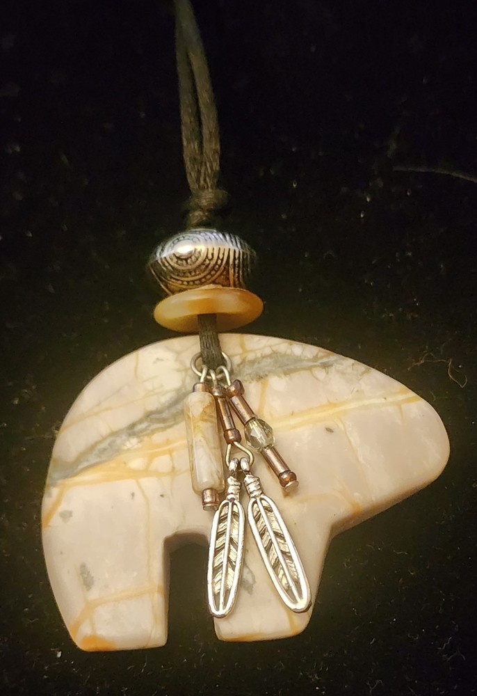 Artisan Carved Picasso Stone Bear Pendant With Silver Charm Feathers
