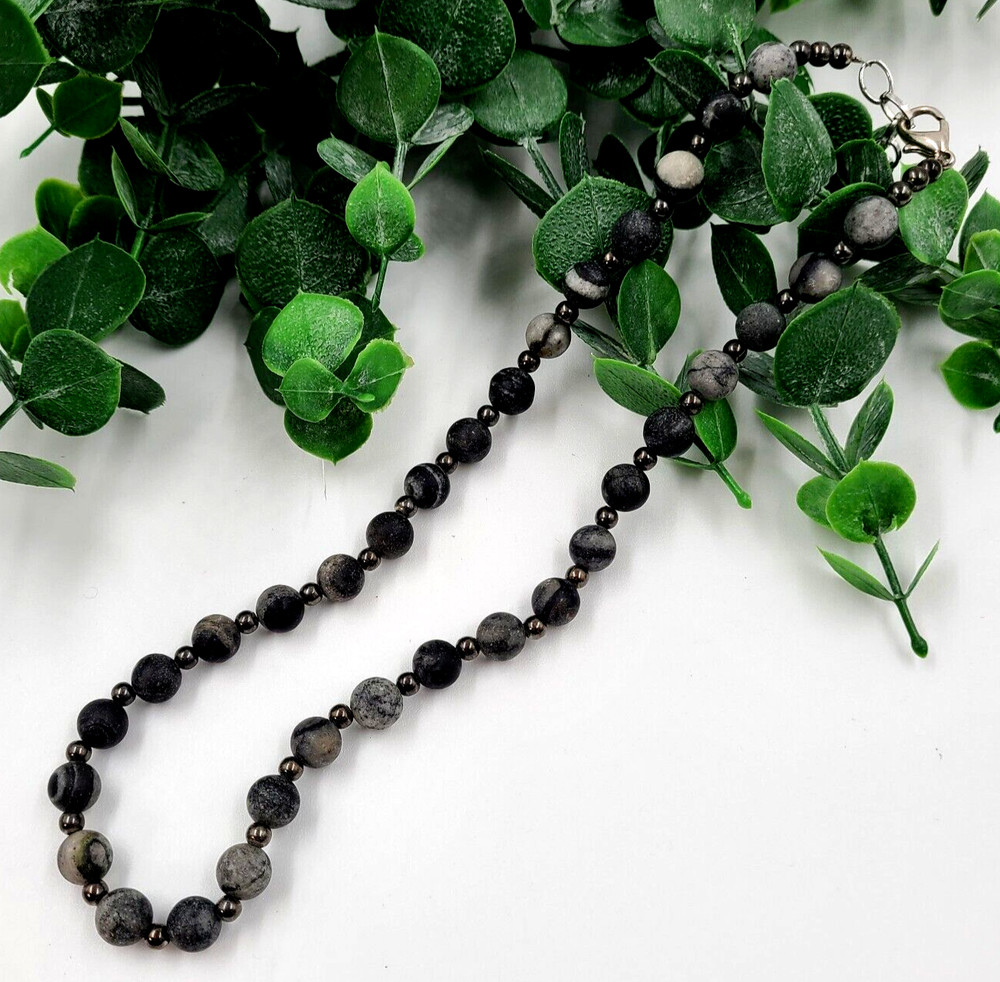 Labradorite Larvikite Stone Bead Protection Necklace 17″ Gray Black Swirls