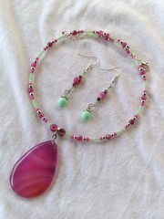 Handcrafted Beaded Memory Wire Choker Earring Set Pink Stripped Agate Mint Green