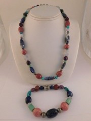 TURQUOISE LAPIS LAZULI NATURAL STONES STERLING SILVER NECKLACE & BRACELET SET