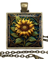 Sunflower Art Nouveau Glass Top Pendant Necklace Handcrafted Photo Jewelry