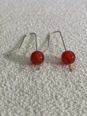 Sterling Silver Wire Red/Orange Carnelian Bead Dangle Threaded Hook Earrings