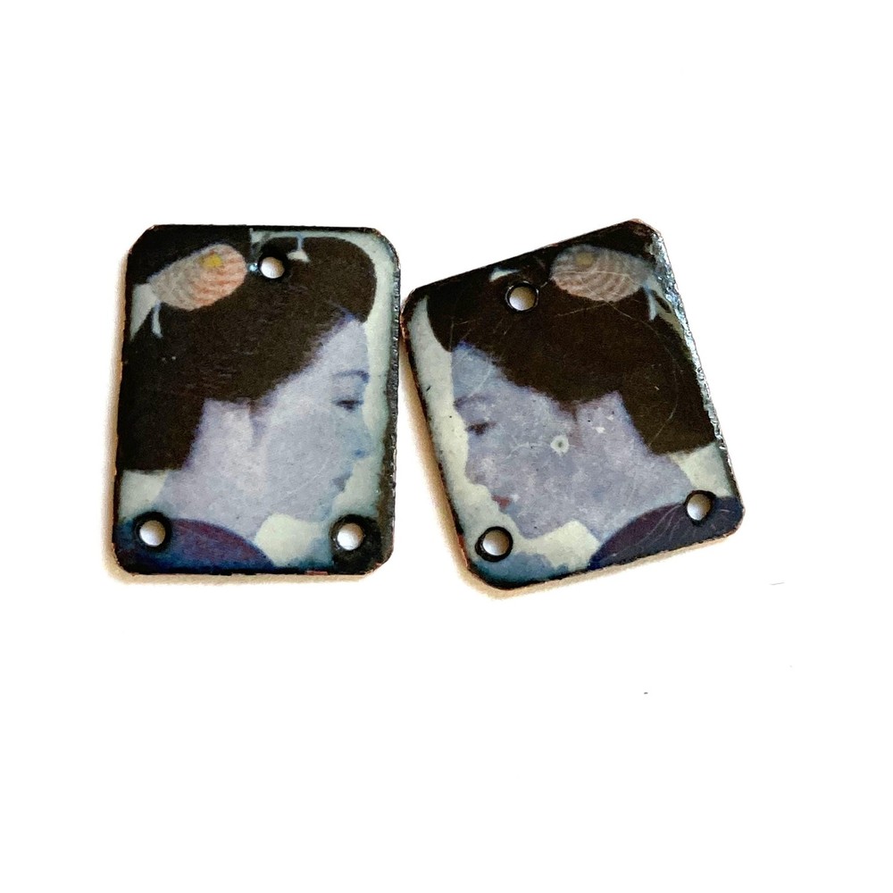 Enameled Copper Charms Artisan Enamel Jewelry Supplies Pair Geisha (19002)