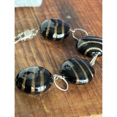 Bracelet & Necklace 925 S Silver Black Gold Swirl Glass Beads Intimate Intricate