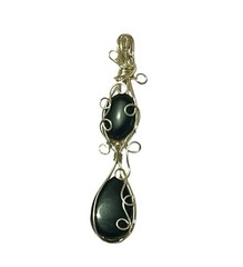 Black Onyx Double-stone. Wrapped In Silver/copper Pendant