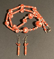 Red Bead Necklace & Earrings Southwest Painted Llama Cactus