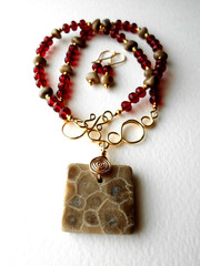 Petoskey Pendant Necklace + Petoskey Nugget Beads (Set) / Red Glass Crystal