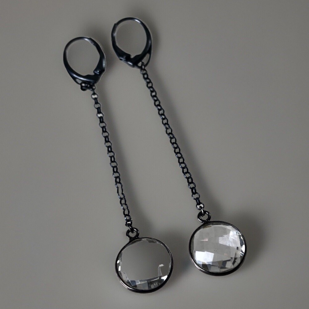 Artisan Clear Faceted Crystal Sterling Silver Blackened Drop Earrings 2 3/4”
