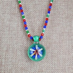 Hand Blown Glass Flower Pendant Necklace Red Blue White Green