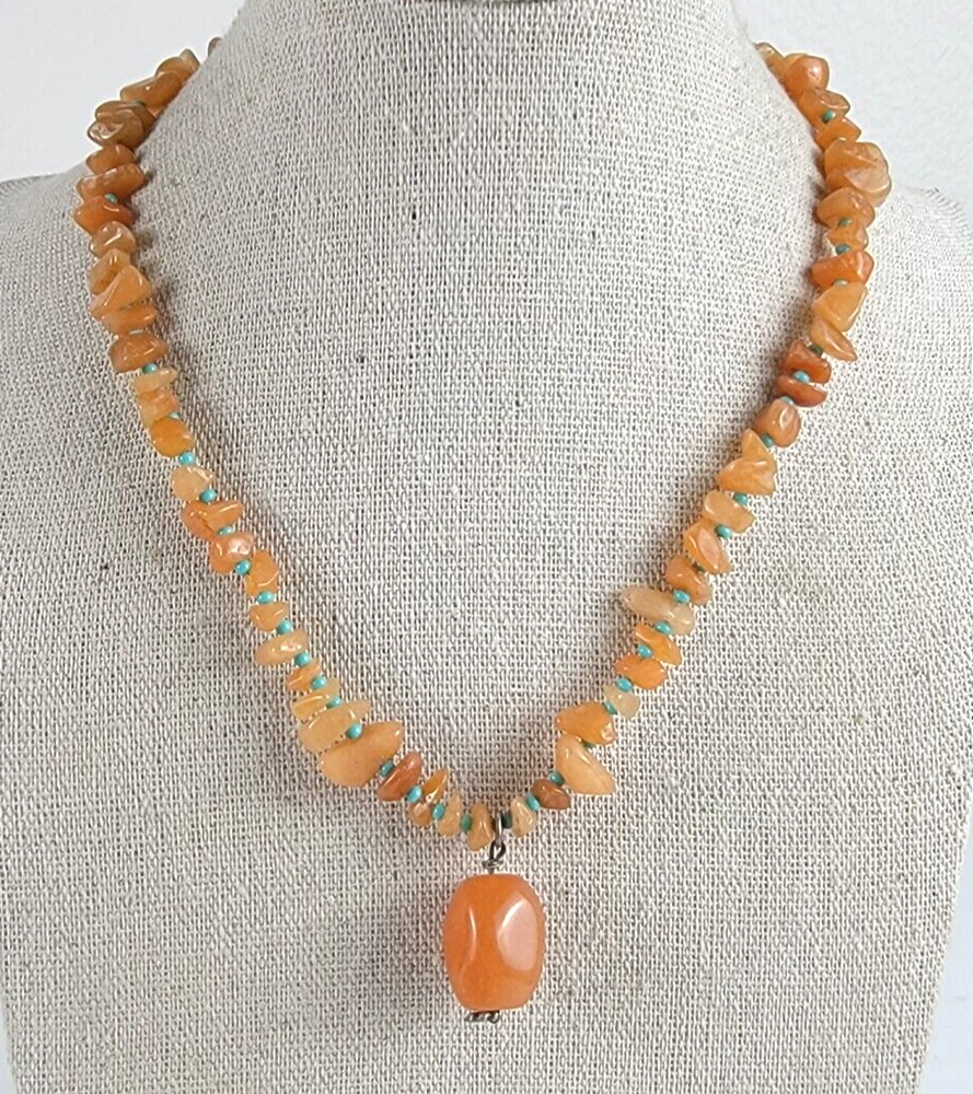 Orange Agate Pendant And Chip Beaded Necklace With Turquoise Bead Spacers 17.5″