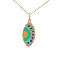 14k Solid Gold Evil Eye Pendant Hand-Painted Charm Green Necklace, Protective