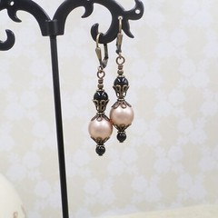 Handmade Champagne and Black Faux Pearl Victorian Style Filigree Drop Earrings
