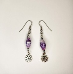 Handcrafted Beaded Earrings, Handmade Paper Beads. Purple White and Silver