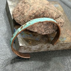 Copper Cuff Bracelet Blue Verdigris Handmade Adjustable Thin Artisan Boho Beachy