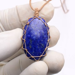 Handmade Natural Lapis Lazuli Cabochon Bohemian Macrame Necklace Healing Pendant