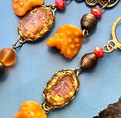 Deco Egyptian Revival Necklace Set, Neiger Style Glass Pharaoh, Orange, Bronze