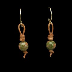 Unakite Gemstone Earrings-Hand Knotted Natural Brown Leather & Huggie Closures