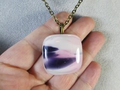 Handmade Fused Glass Pendant w/ 24″ Antiqued Brass Tone Cable Necklace / 2N