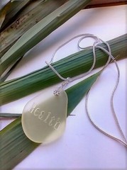 Engraved Inspirational «HEALTH» Yellow Sea Glass Pendant Snake Chain Necklace