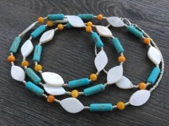 Long Necklace of White and Orange Shell Beads with Turquoise Magnesite Stone