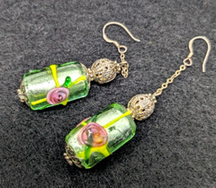 Lampwork Art Glass Dangle Earrings Sterling Silver Hook Green Pink Rose w Foil