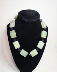 Light Green Stone Rectangle & Purple Glass Cube Bead Artisan Made 18″ Necklace