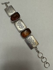 Vintage Amber Oval Cabochon Stone Link Bracelet, SS925 MEXICO 8.5in