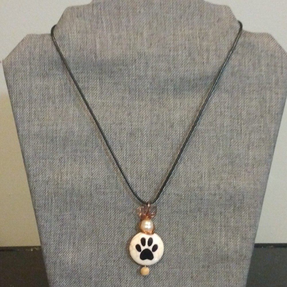 Wire-wrapped, Ceramic Dog/Cat Paw pendant Necklace, With Freshwater Pearl Accent