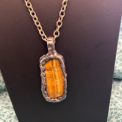 Danish FK Handmade Tiger’s Eye Rectangle Charm Pendant Cable Chain Necklace