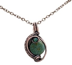 Green Jasper Wire-Wrapped Bronze Pendant with Swarovski Crystal – Mini-Woven Cir