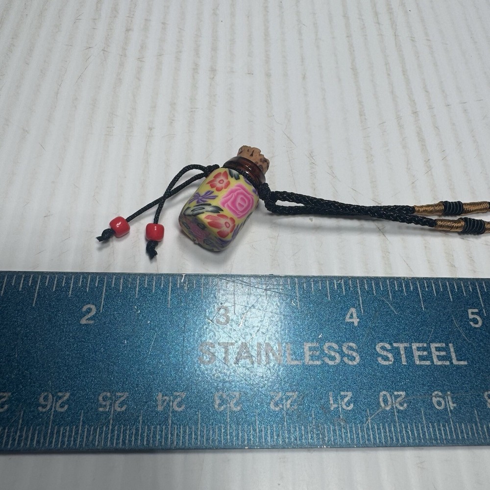 Hand Blown Glass Brown Bottle Necklace W/Yellow & Pink Clay Flowers PB-7 – PB-13
