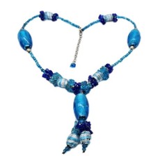 Turquoise Blue Lampwork Glass & Acrylic Beads Y-Drop Necklace Silver tone