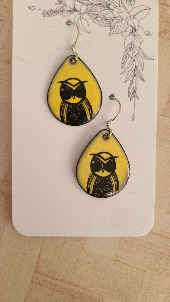 Artisan glass enamel yellow OWL sterling silver 1.5″ piereced earrings