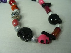 Handmade Necklace & Earrings Black Pink Red & Purple Skull Beads 2 Piece Set