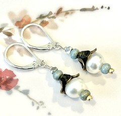 Vintage Style Bronze Blossom Freshwater Pearl Pale Blue Sterling Silver Earrings