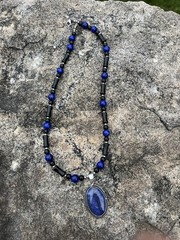 Handcrafted Lapis Lazuli, Black Onyx & Obsidian Statement Necklace 20″ PRETTY!
