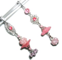 PINK LAMPWORK ART GLASS EARRINGS Asymetrical Designer Long Drops Stainless Steel