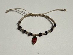 Handmade Adjustable Beaded Braided Bracelet, Strawberry Charm, Tie, Purple Beig…